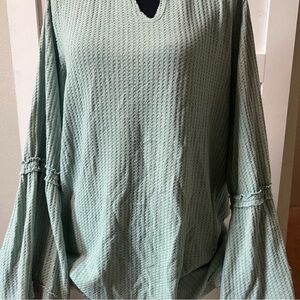 Easel Green Bell Sleeve Blouse with Ribbed Ruched Design
